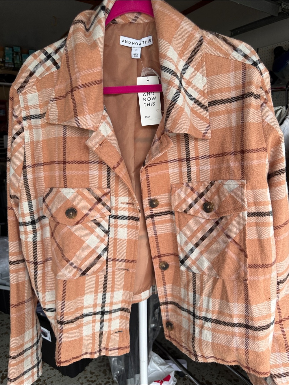 And Now This Peach Plaid Utility Jacket